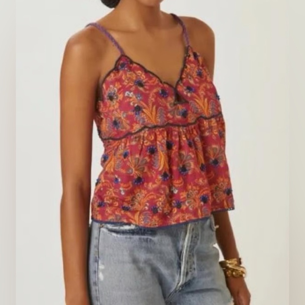 NWT Anthropologie Bare Deco Beaded & Embroidered Babydoll Tank Red Cropped - Picture 2 of 13